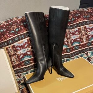Michael Kors Black Leather Knee-High Pointed-Toe Stiletto Boots